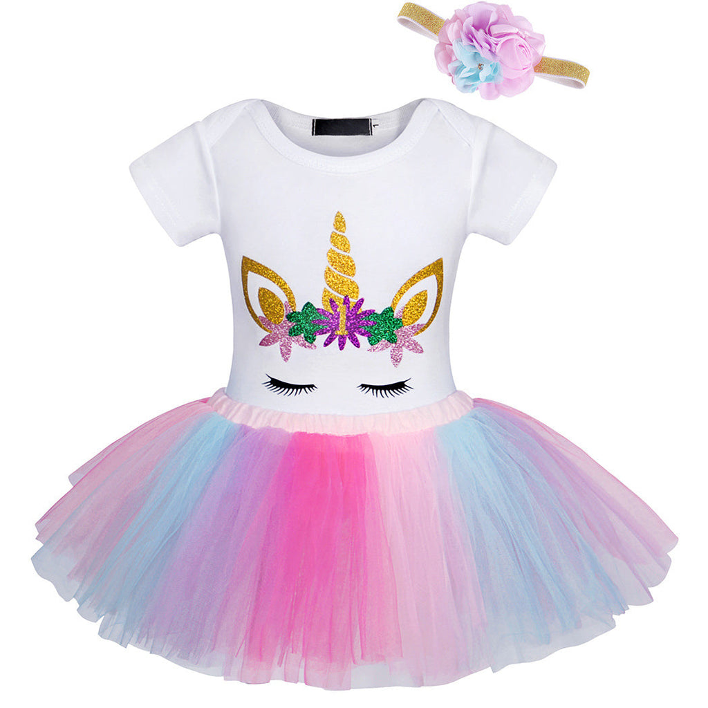 9-12M Short Sleeve Top Colorful Short Skirt Headband Two Piece Birthday Dress Wholesale Baby Clothes - PrettyKid