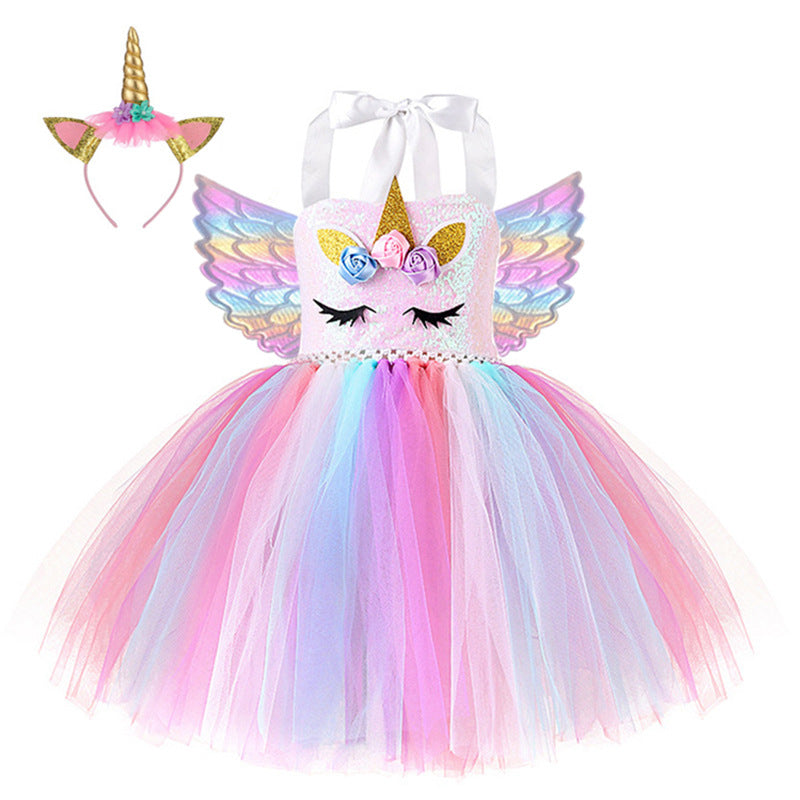 18M-10Y Kid Girls Unicorn Sequined Gauze TuTu Dresses & Headband Wholesale Girls Clothes - PrettyKid