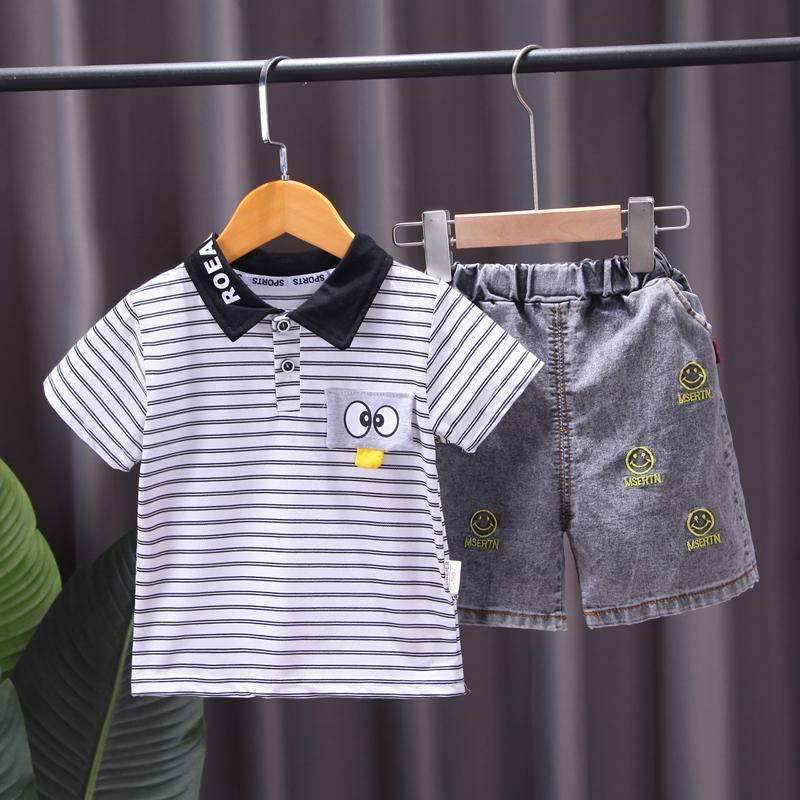 Toddler Boy Cartoon Pattern Striped POLO Shirt & Smiley Face Print Shorts - PrettyKid