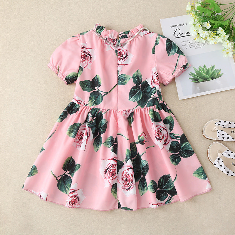 2-7Y Toddler Rose Print Bubble Sleeve Cute Dresses For Girls Wholesale Girls Clothes - PrettyKid