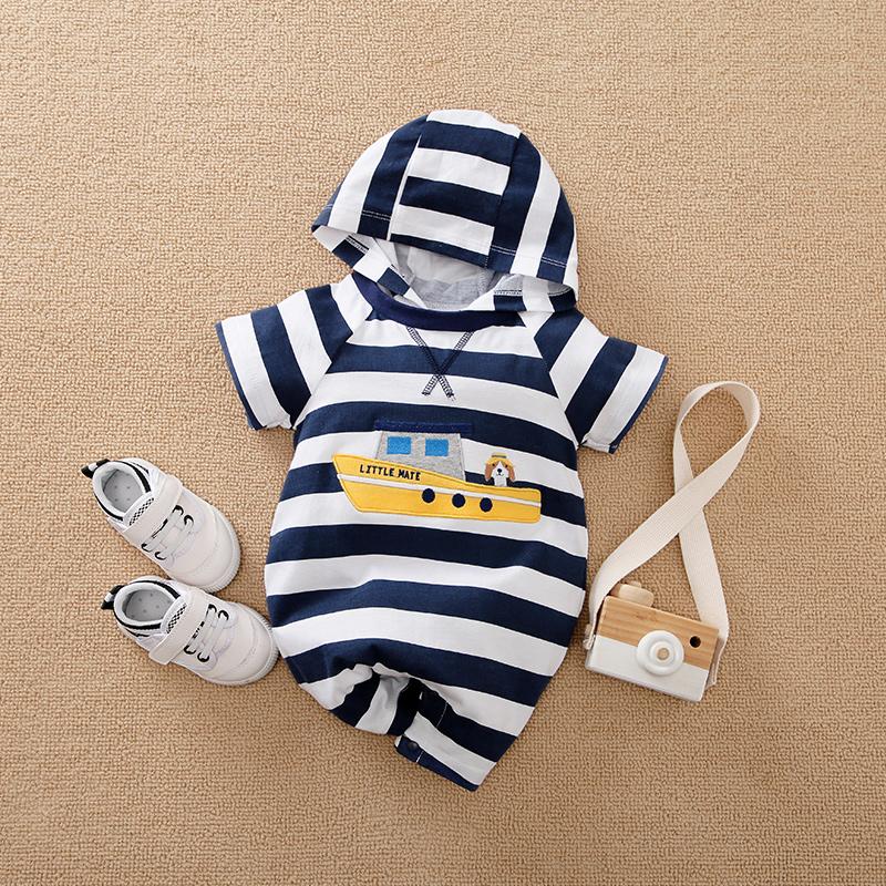 Baby Steamship Pattern Striped Hooded Jumpsuit - PrettyKid