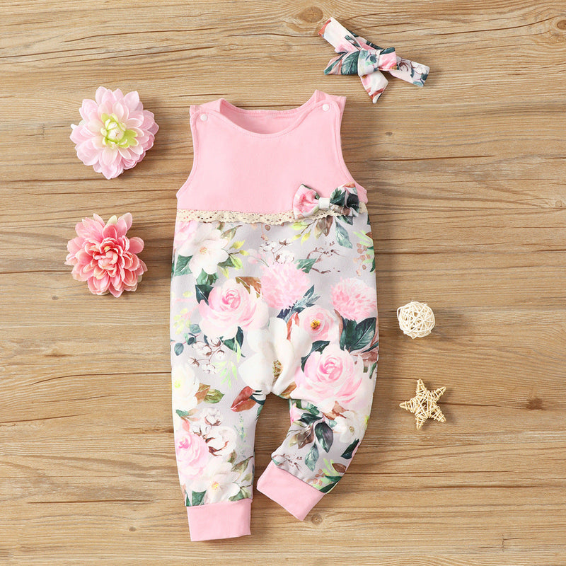 Baby Girl Sleeveless Floral Romper Baby One Piece Jumpsuit And Headband - PrettyKid