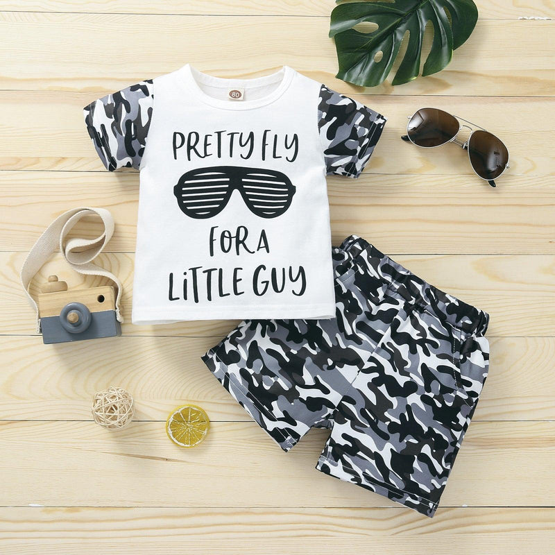 Baby Boy Lettering & Glasses T-Shirt And Camouflage Shorts Two Piece Baby Sets - PrettyKid