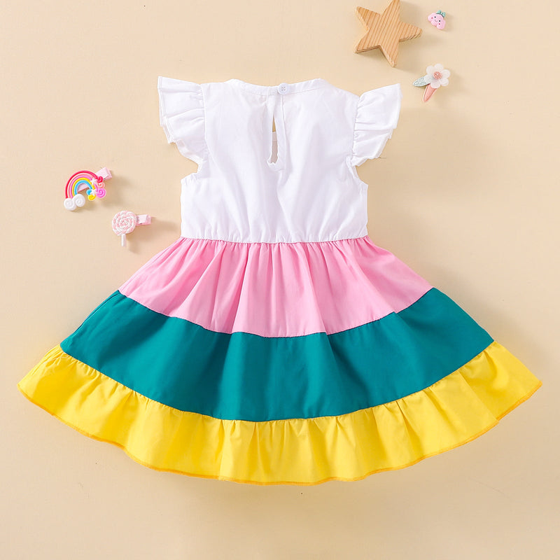 3-24M Baby Girls Rainbow Colorblock Flutter Sleeve Dresses Wholesale Baby Clothing - PrettyKid