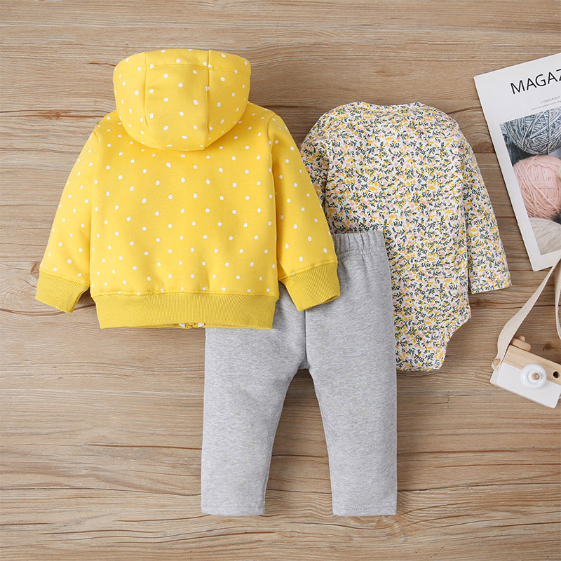 Baby Girl Floral Long Sleeve Romper & Hooded Coat & Pants - PrettyKid