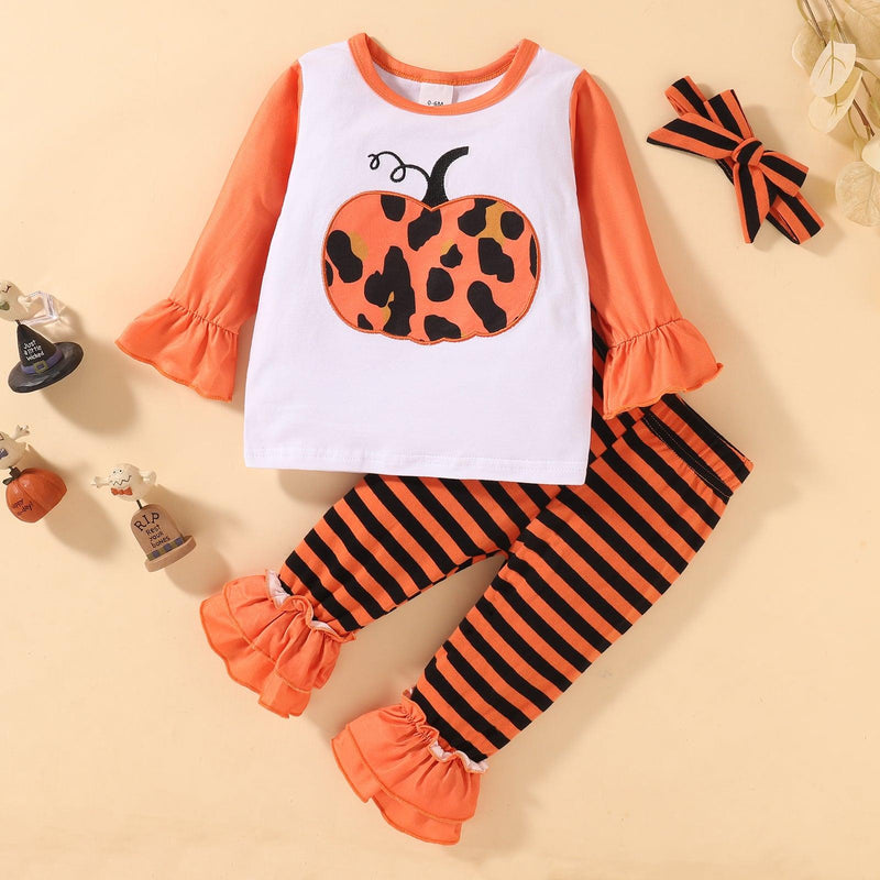 Toddler Girls Pumpkin Print Trumpet Long Sleeve Top Striped Pants Set - PrettyKid