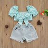 Toddler Girl Bow Decor Floral Top & Ripped Denim Shorts - PrettyKid