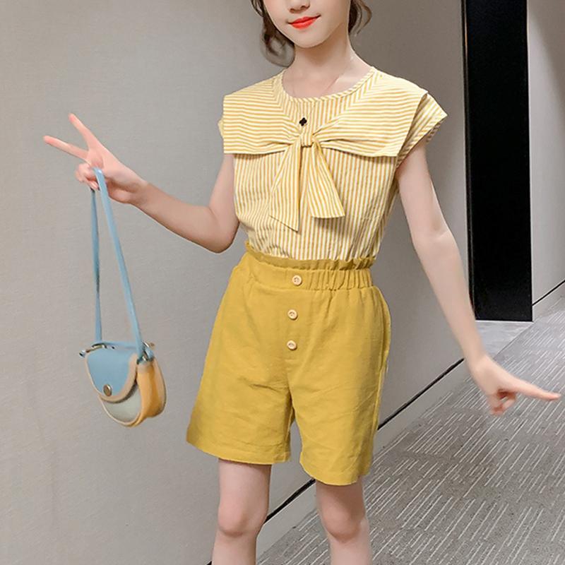 Girl Striped Sleeveless Bowknot Top & Solid Color Shorts - PrettyKid