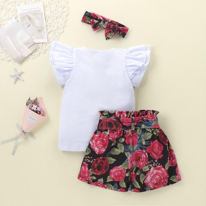 Baby Girl Ruffle Top & Floral Print Shorts & Bowknot Headband - PrettyKid