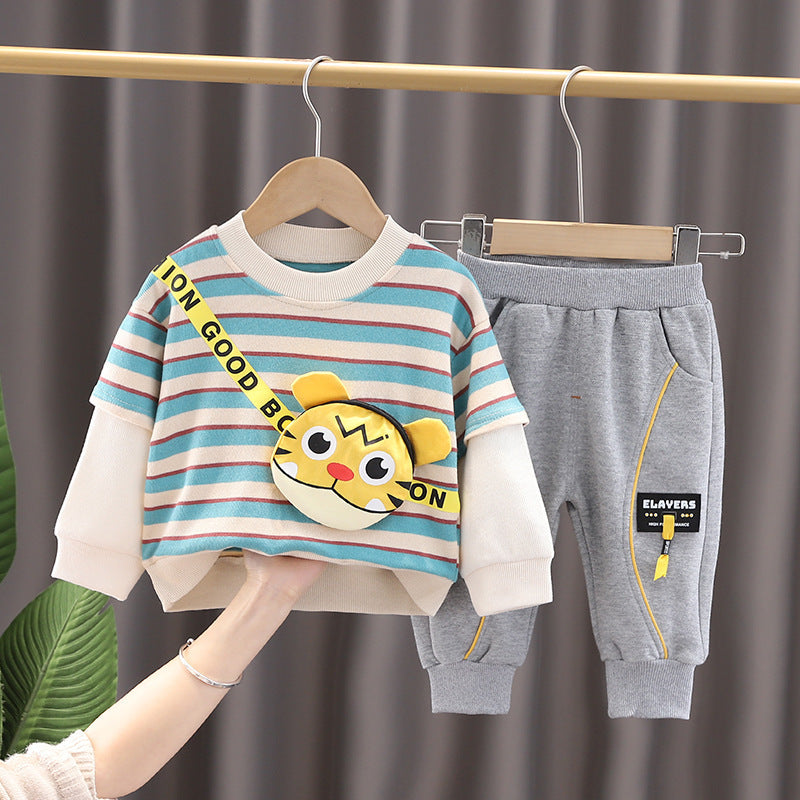 Baby Striped Tiger Pocket Sweatshirt And Trousers Two Piece Baby Sets - PrettyKid