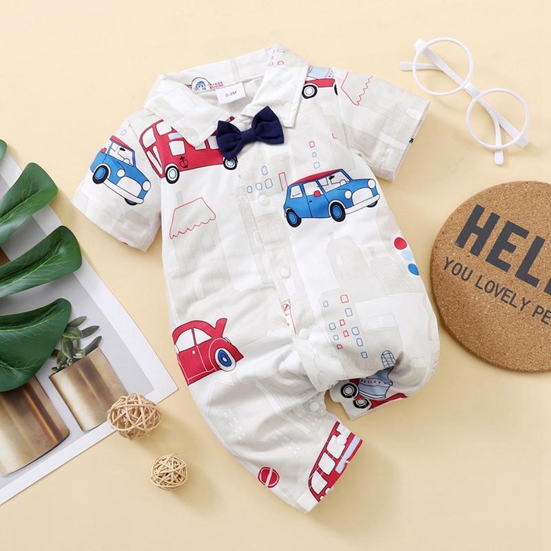 Baby Boy Bow Tie Decor Cartoon Car Print Jumpsuit - PrettyKid