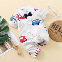 Baby Boy Bow Tie Decor Cartoon Car Print Jumpsuit - PrettyKid