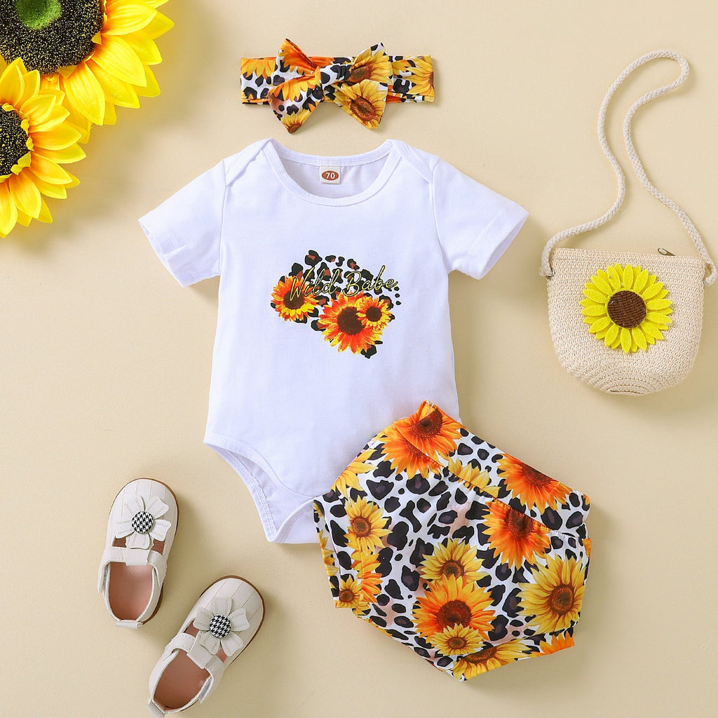 3-24M Baby Onesie Sets Sunflower Short Sleeve Crew Neck Headband Wholesale Baby Boutique Clothing - PrettyKid