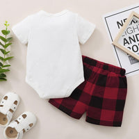 Baby Boy Letter Print Romper & Plaid Shorts - PrettyKid