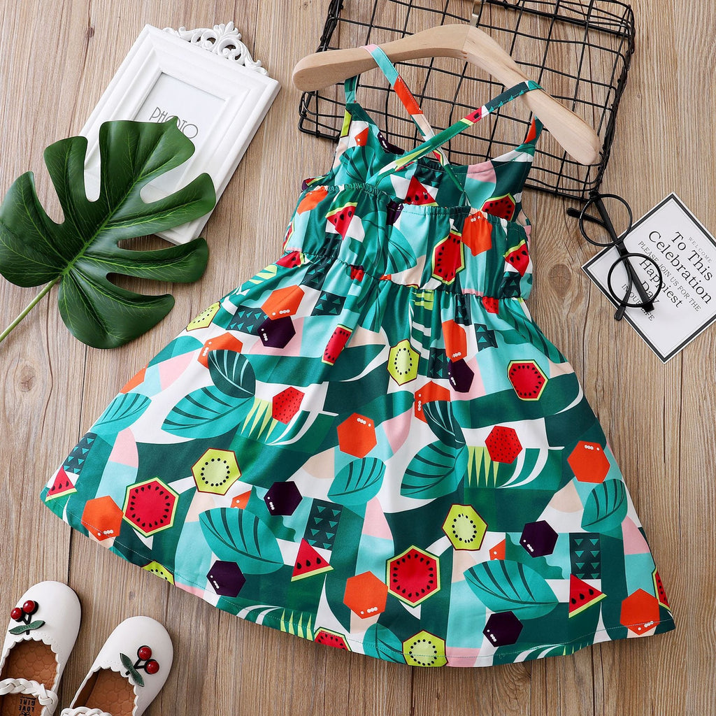 1-5Y Toddler Girls Fruit Leaves Print Cami Dresses Wholesale Girls Clothes - PrettyKid