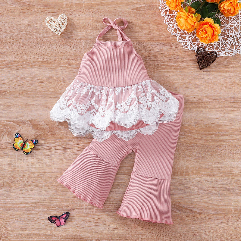 9M-4Y Baby Girls Sets Lace-Paneled Ribbed Suspender Flared Trousers Bulk Baby Clothes - PrettyKid