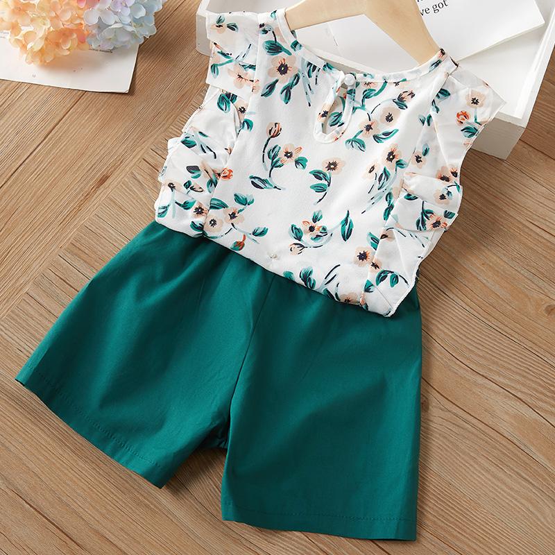 2-Piece Floral Ruffled Top and Solid Belted Shorts - PrettyKid
