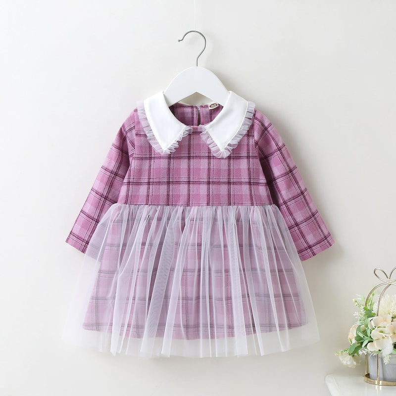 Check Lapel Collar Mesh Baby Girl Dresses Wholesale - PrettyKid