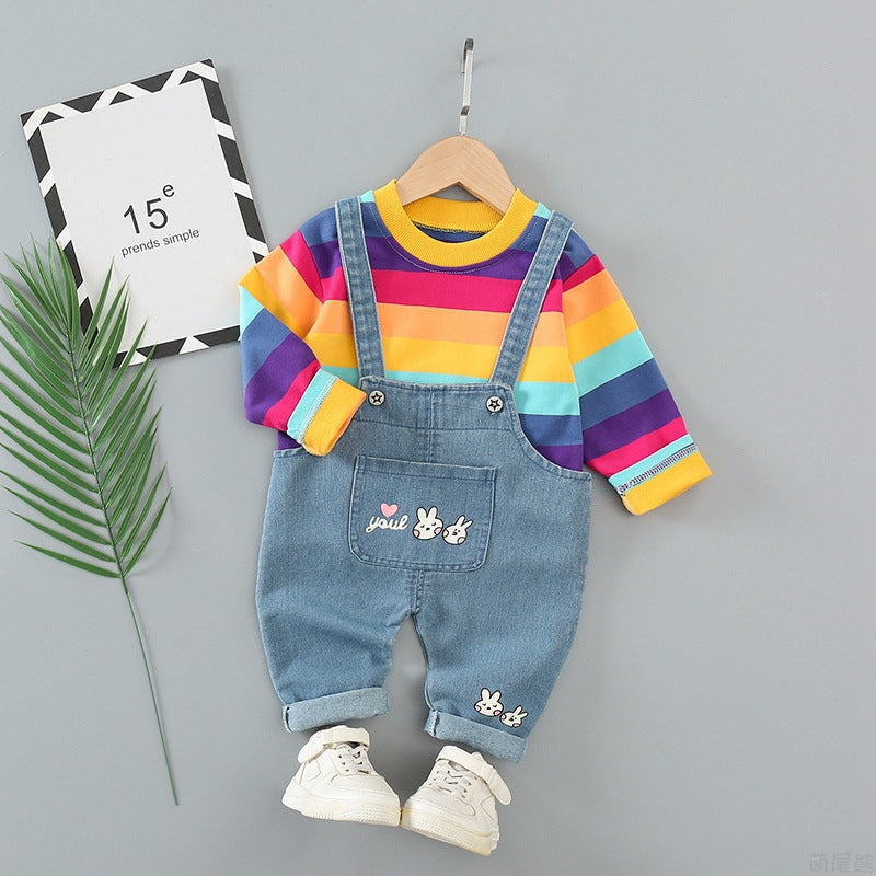 9months-5years Toddler Girl Sets Children's Suits Striped Long Sleeve T-Shirt & Denim Overalls Two-Piece Set - PrettyKid