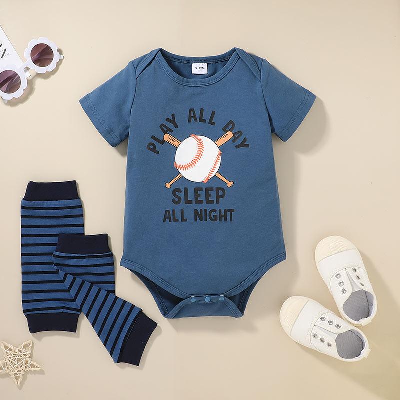Baby Boy Baseball Pattern Letter Print Bodysuit & Knee Pads - PrettyKid