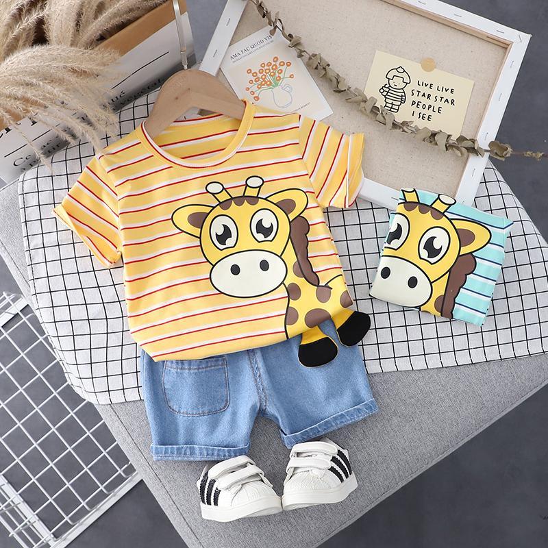 Grow Boy Lovely Giraffe Color Stripes Top & Denim Shorts - PrettyKid