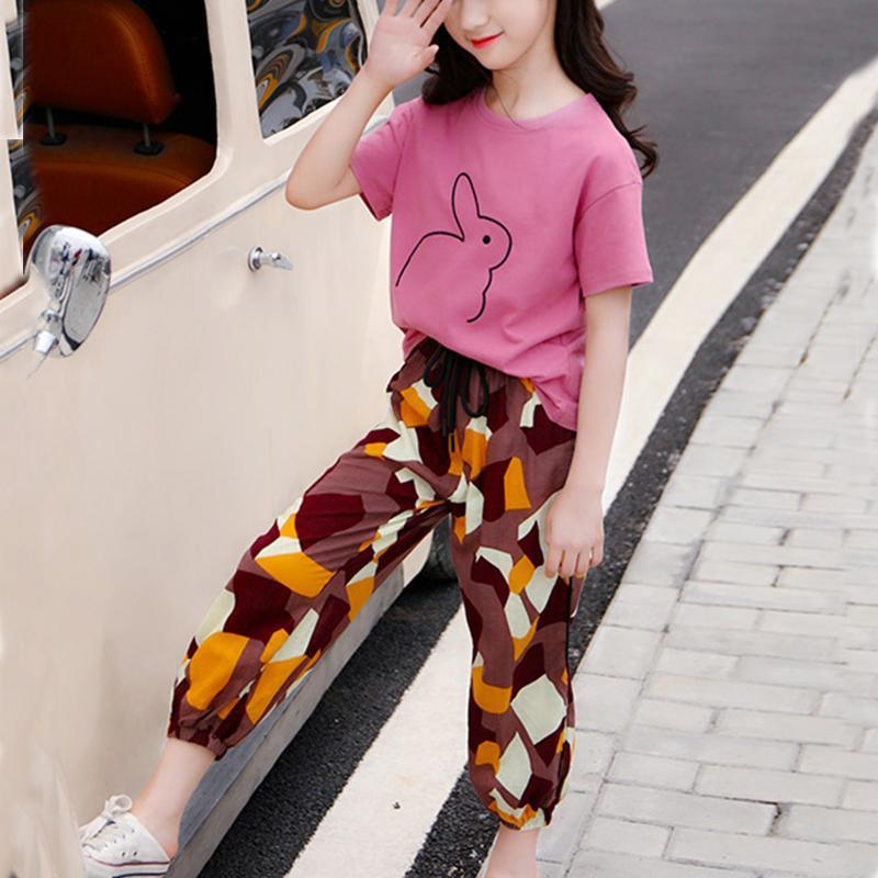 Rabbit Printed T-shirt & Camouflage Pants Set - PrettyKid