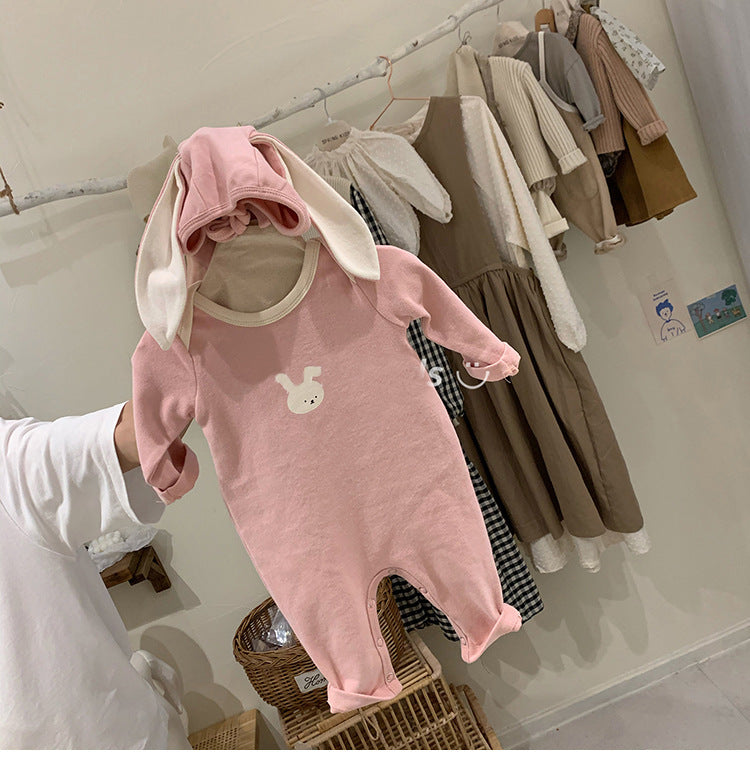 Bear & Rabbit Print Solid Color Jumpsuit With Ear Hat Baby Girl Jumpsuit Long Sleeve - PrettyKid