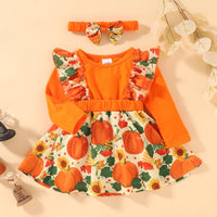 Toddler Girls Long Sleeve Pumpkin Print Dress Scarf Two Piece Set - PrettyKid