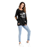 Crew Neck Lettered Bat Long Sleeve Patch T-shirt Wholesale Woman Clothing - PrettyKid