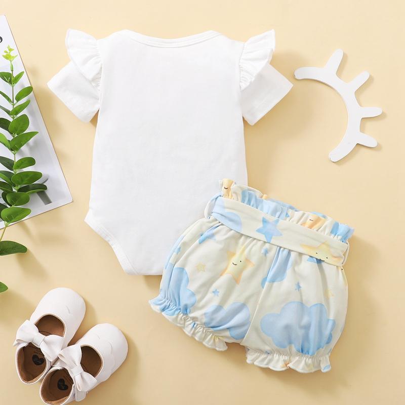 Baby Girl Cartoon Sun Cloud Pattern Bodysuit & Starry Sky Print Shorts - PrettyKid