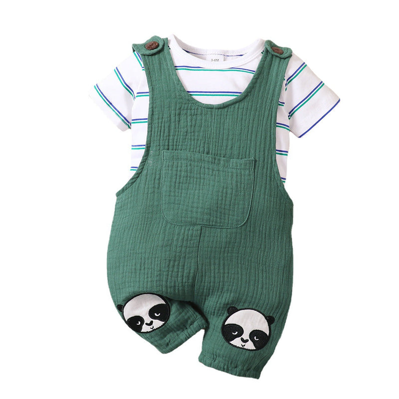 3-24months Baby Sets 2022 Summer Baby Cotton Short-Sleeved T-Shirt & Overalls Suit Baby Panda Embroidered Overalls - PrettyKid