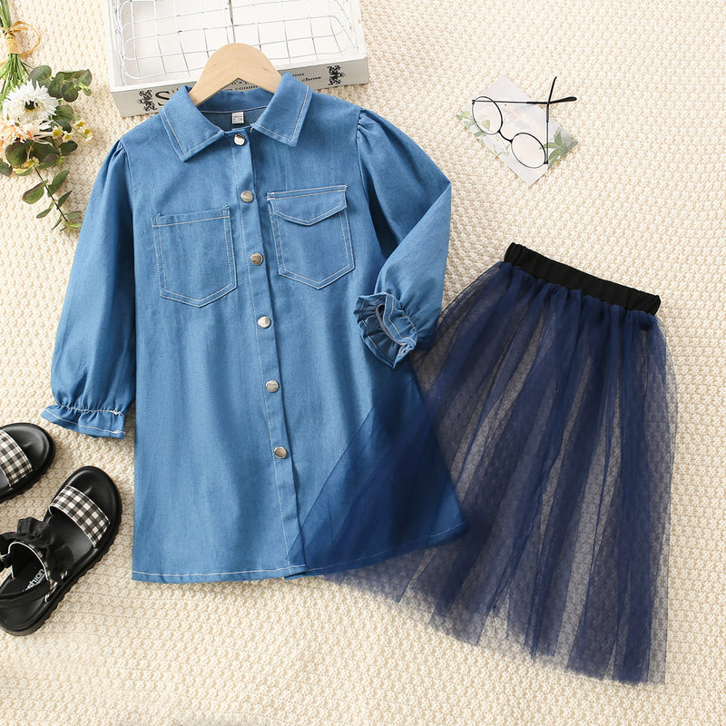 Wholesale Kids Girls Autumn Denim shirt dress &mesh skirt Two Piece Set in Bulk - PrettyKid