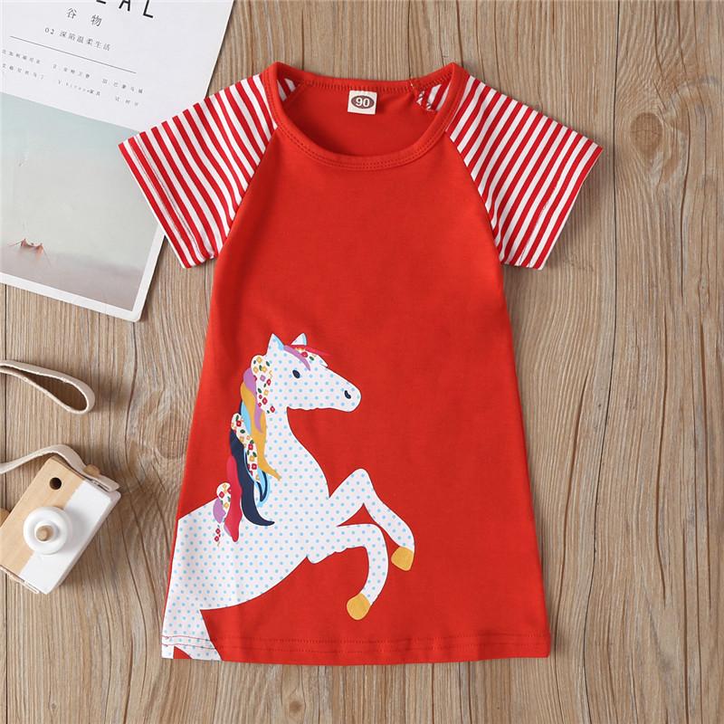 Short-Sleeve Striped Horse Print Dress - PrettyKid