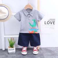 Grow Boy Dinosaur Pattern Polo Shirt & Solid Color Shorts - PrettyKid