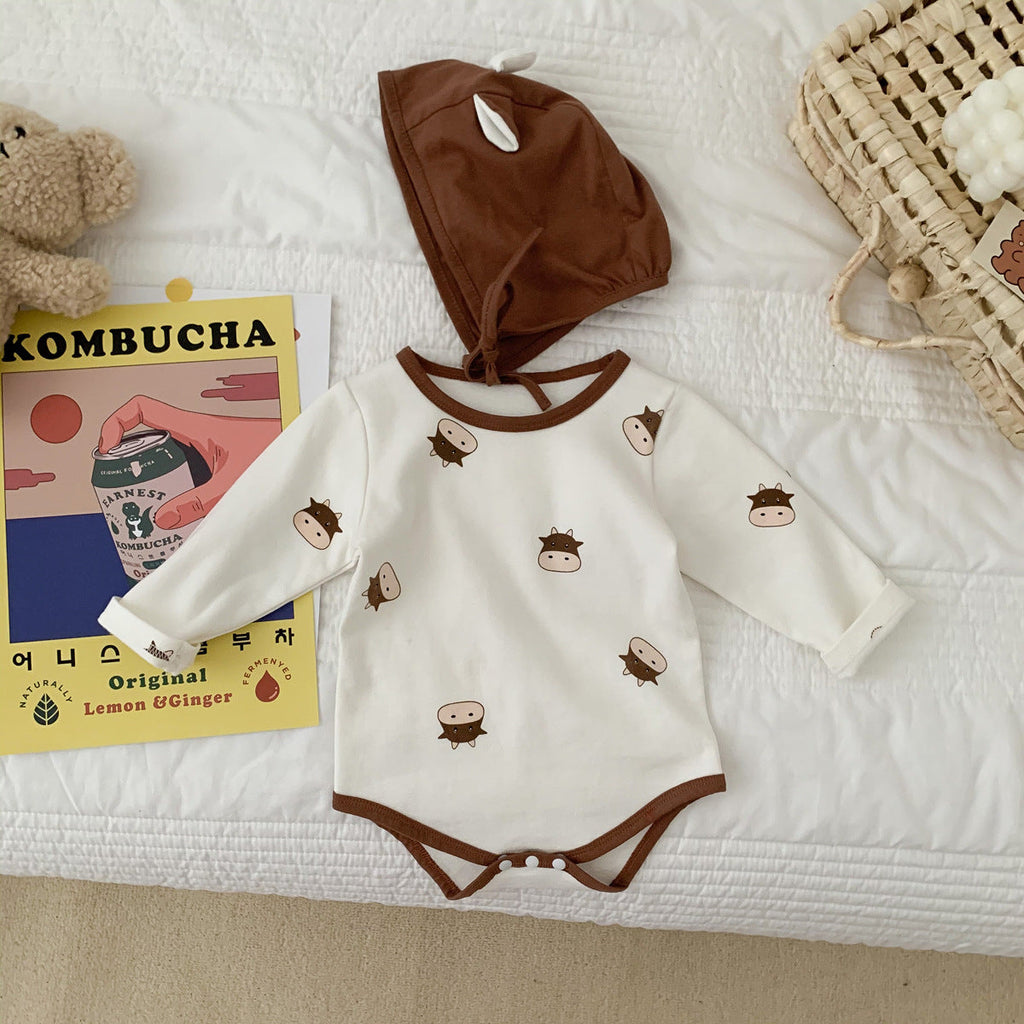 Cow Print Baby Jumpsuit Long Sleeve And Hat - PrettyKid