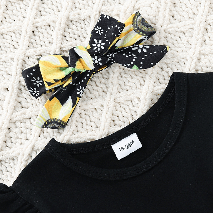 Toddler Kids Girl Solid Color Long-sleeved Tops Floral Print Flared Pants Bow - PrettyKid