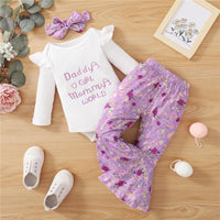 kids clothing suppliers Baby Girl Letter Print Ribbed Bodysuit & Floral Print Flare Pants & Headband Wholesale Children's Clothing - PrettyKid