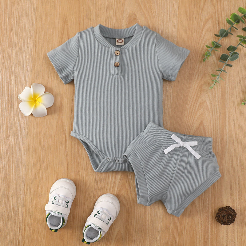 Baby Boy Solid Ribbed Bodysuit And Briefs Baby Outfit Sets - PrettyKid