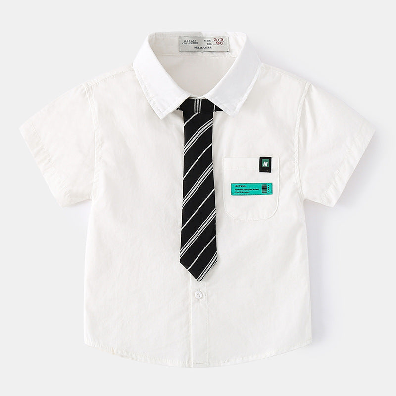 18M-7Y Boy Shirts Tie Button Single Rest Lapel Simple Wholesale Toddler Boy Clothes - PrettyKid