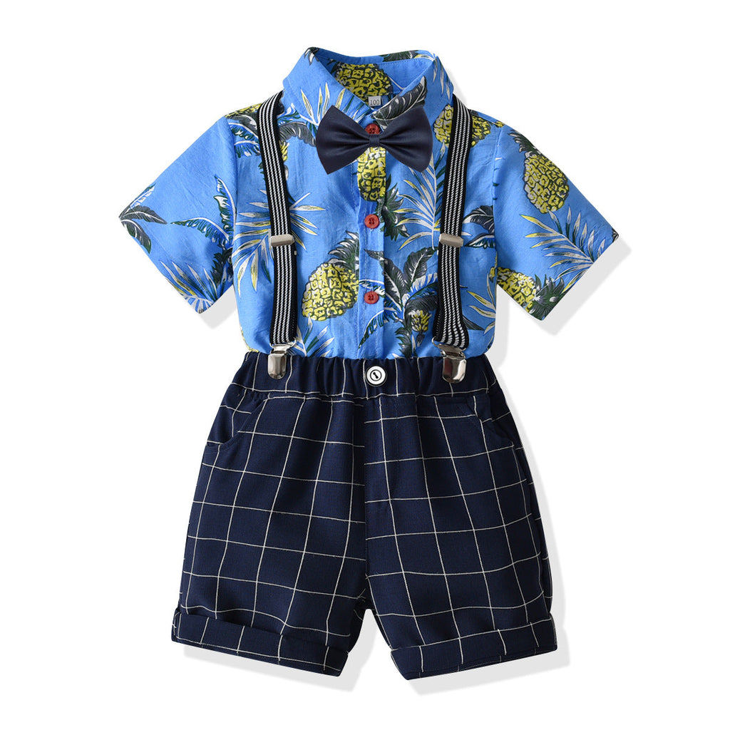 Coconut Tree Pineapple Print Shirt Plaid Suspender Shorts Wholesale Toddler Boy Outfit Sets - PrettyKid