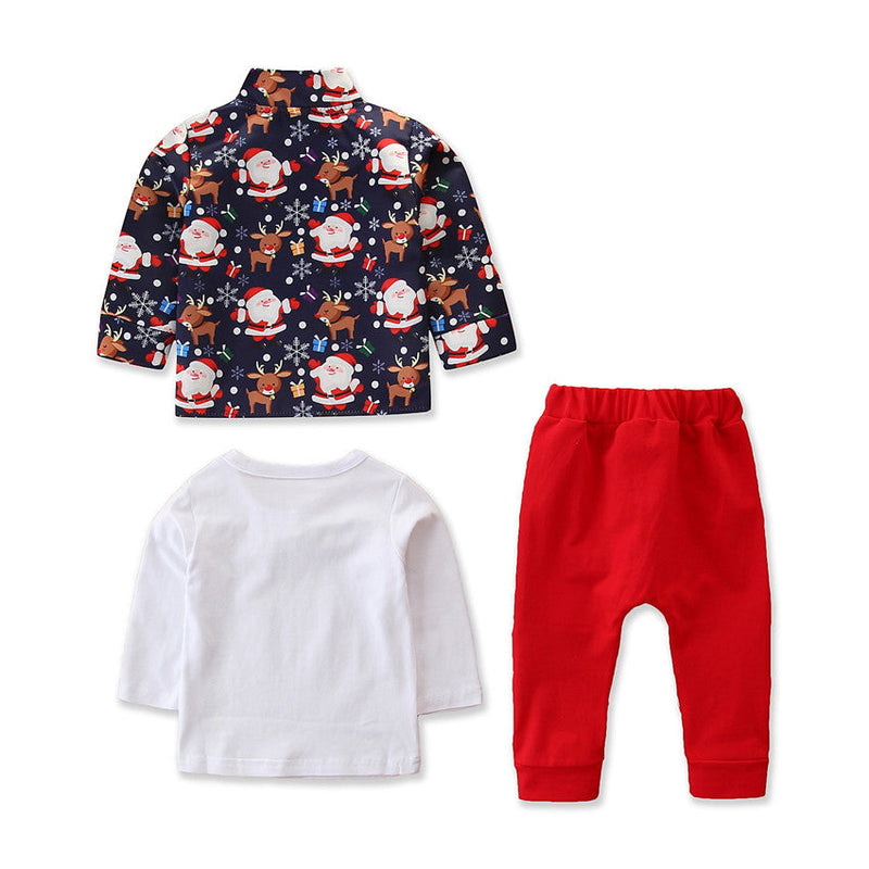 Christmas Santa Claus Print Jacket And Top With Tie And Pants 3 Piece Baby Boy Sets - PrettyKid