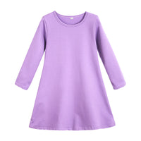 Kids Girls' Cotton Solid Color Round Neck Long Sleeve Dress - PrettyKid