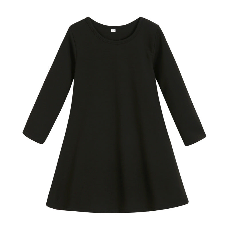 Kids Girls' Cotton Solid Color Round Neck Long Sleeve Dress - PrettyKid