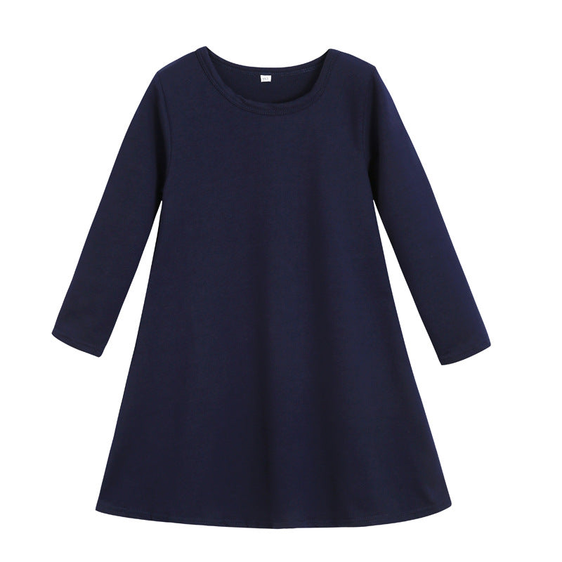 Kids Girls' Cotton Solid Color Round Neck Long Sleeve Dress - PrettyKid