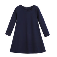 Kids Girls' Cotton Solid Color Round Neck Long Sleeve Dress - PrettyKid