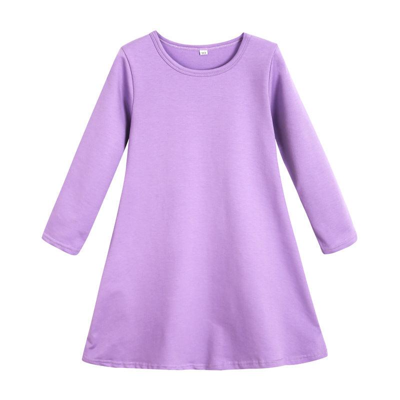 Kids Girls' Cotton Solid Color Round Neck Long Sleeve Dress - PrettyKid