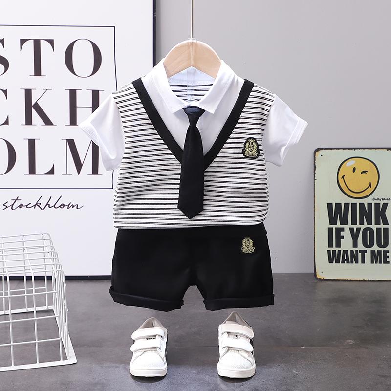 Toddler Boy Striped Print Tie Decor Shirt & Shorts - PrettyKid