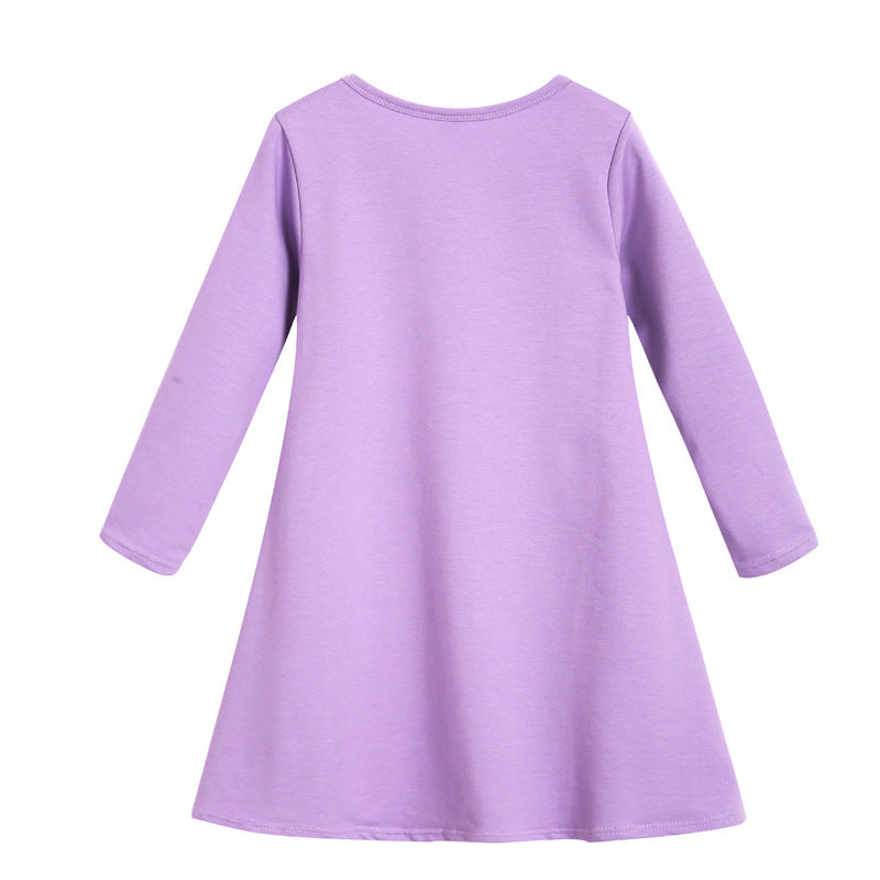 Kids Girls' Cotton Solid Color Round Neck Long Sleeve Dress - PrettyKid