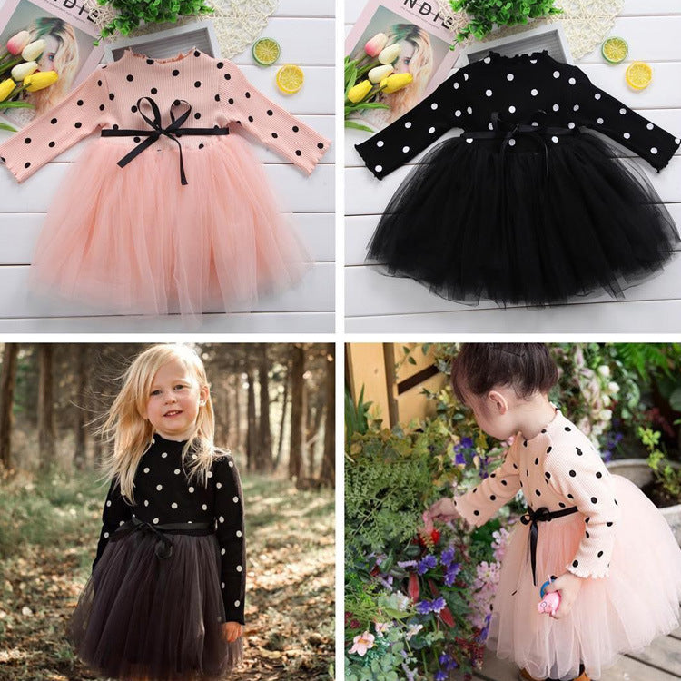 Girls Dot Long Sleeve Sweater Dress Knitted Mesh Skirt Fluffy Long Skirt - PrettyKid