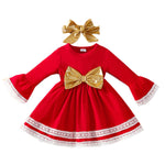 Christmas Lace Trim Flared Sleeve Bow Baby Girl Red Dress - PrettyKid